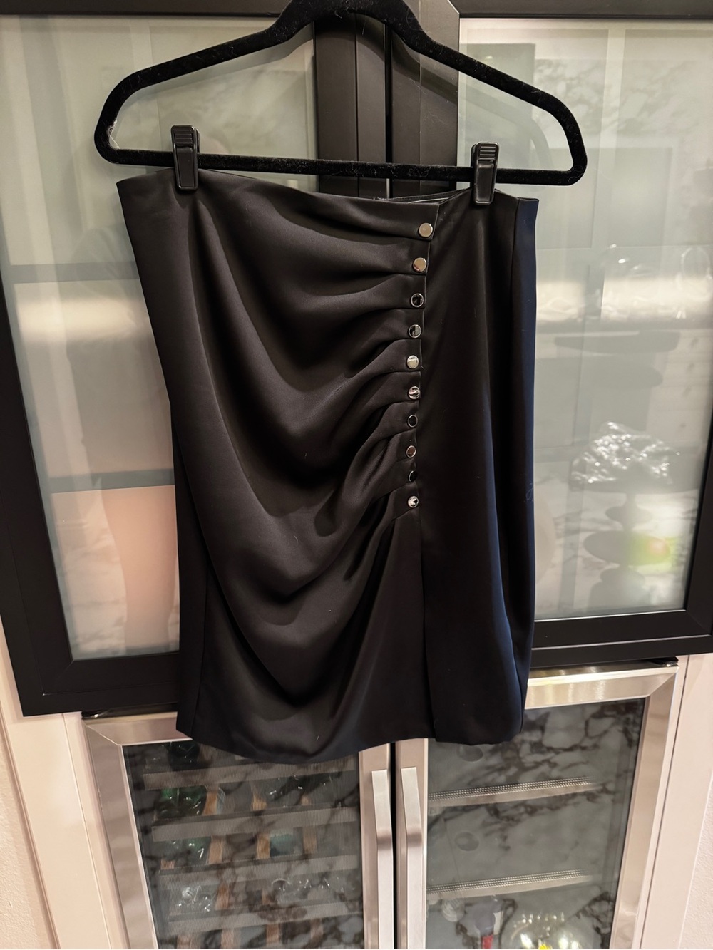 BCBGMaxAzria Black Satin Mini Skirt with Side Button Detail